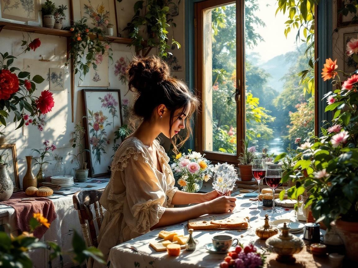 Sunlit Room with Flowers and Pastries Arrangement