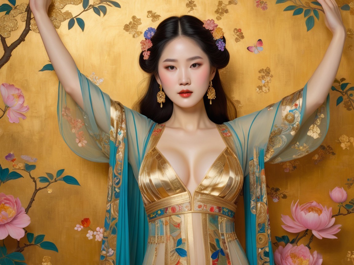 Elegant Woman in Golden and Blue Gown with Floral Accents