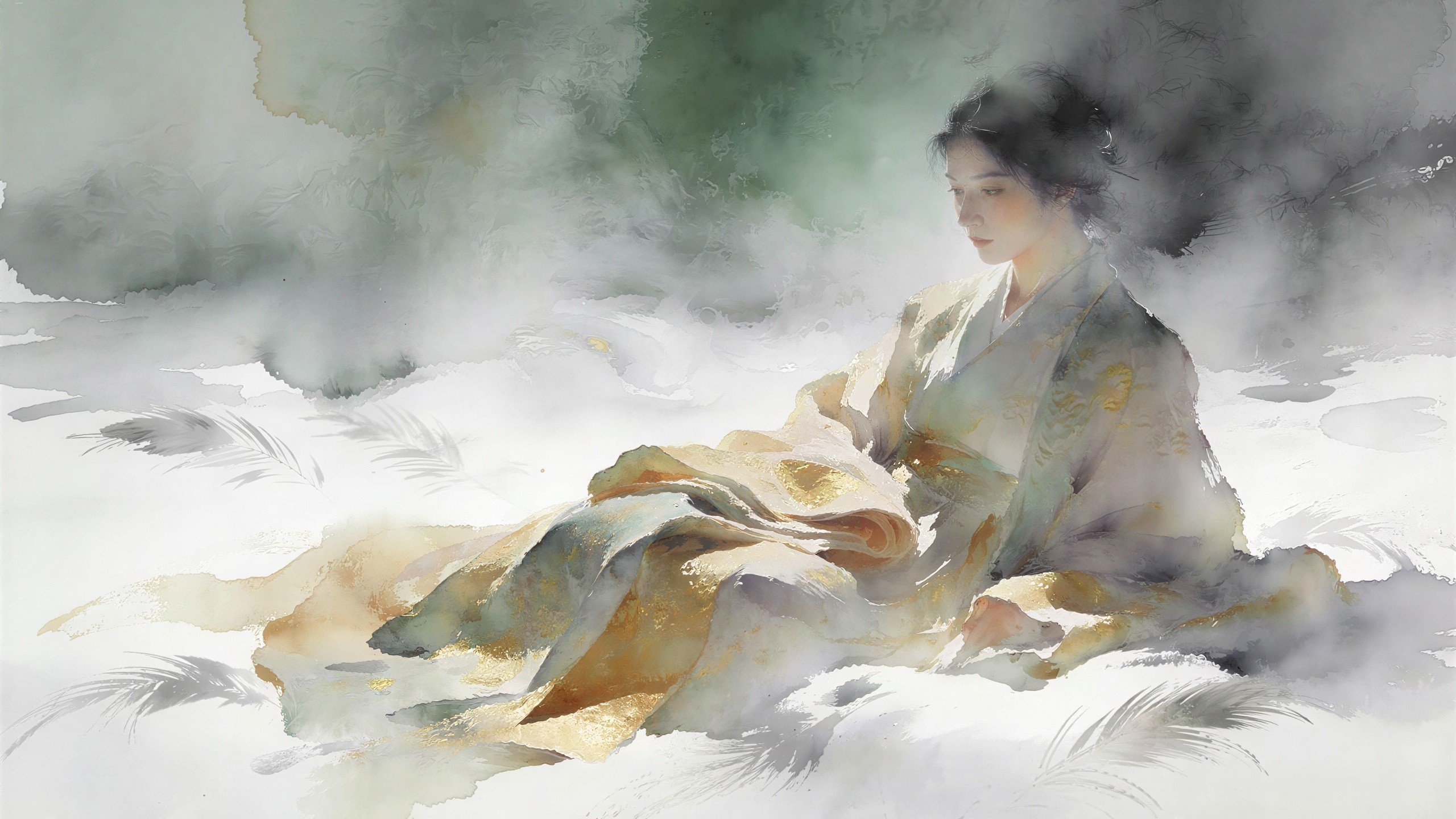 Watercolor Painting of Woman in Yellow Kimono