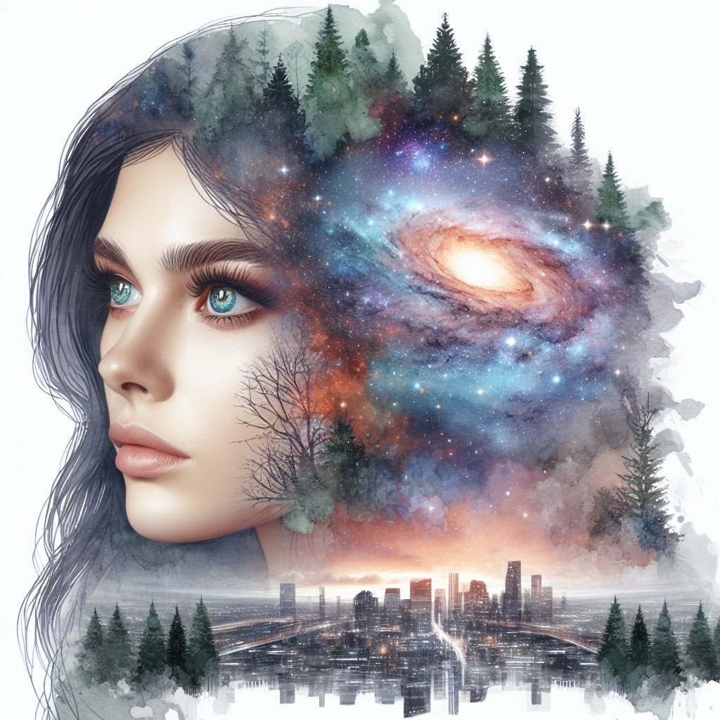 Cosmic Woman's Profile Blending with Nature Elements