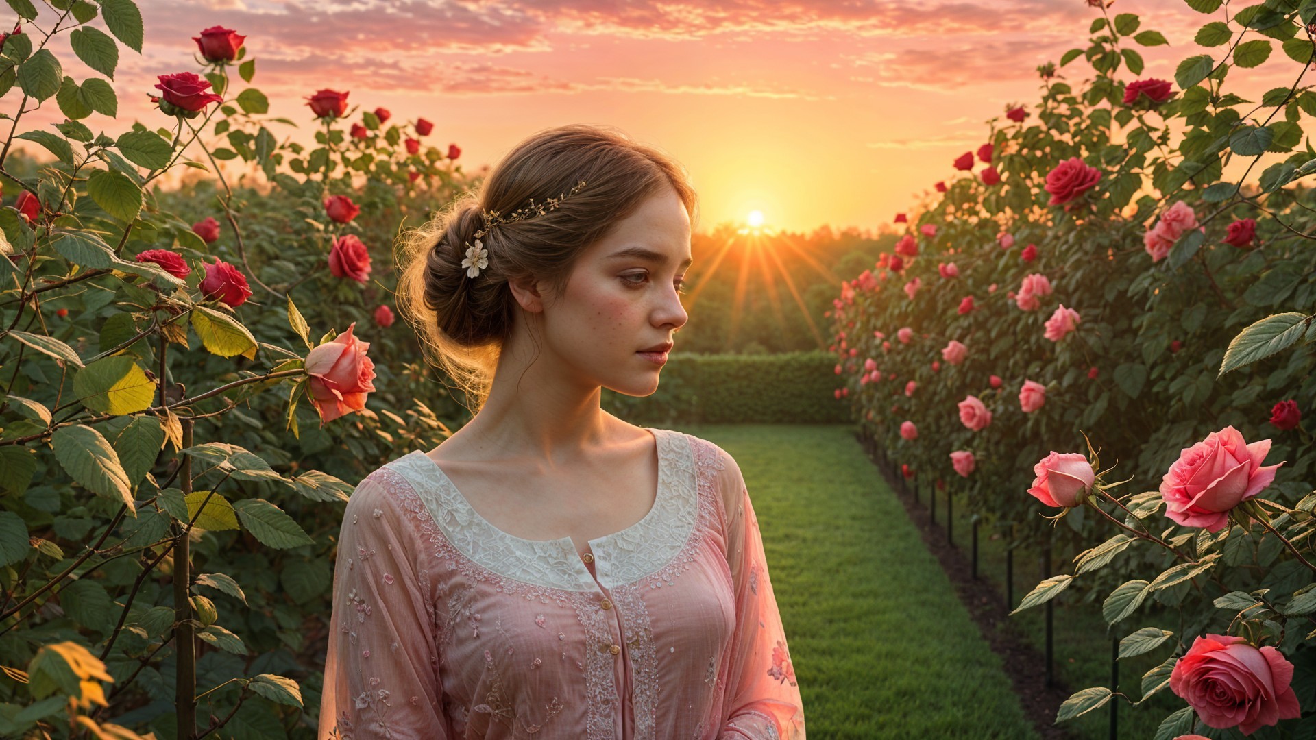 Young woman in pink dress in blooming rose garden