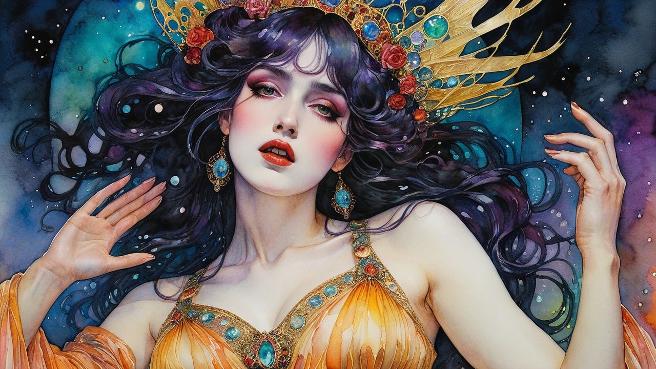 Woman in Orange Gown with Golden Crown in Cosmic Setting
