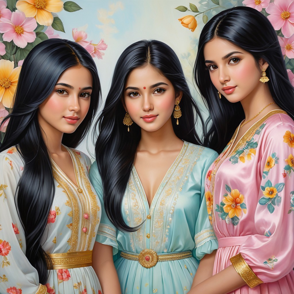 Elegant Traditional Attire on Young Women with Floral Background