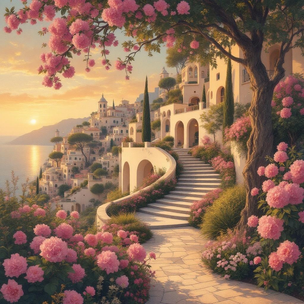 Coastal Path Through Vibrant Flowers and Hillside Homes