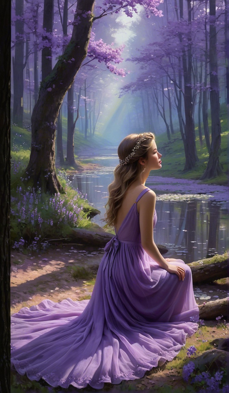 Serene Forest Scene with Blooming Purple Trees