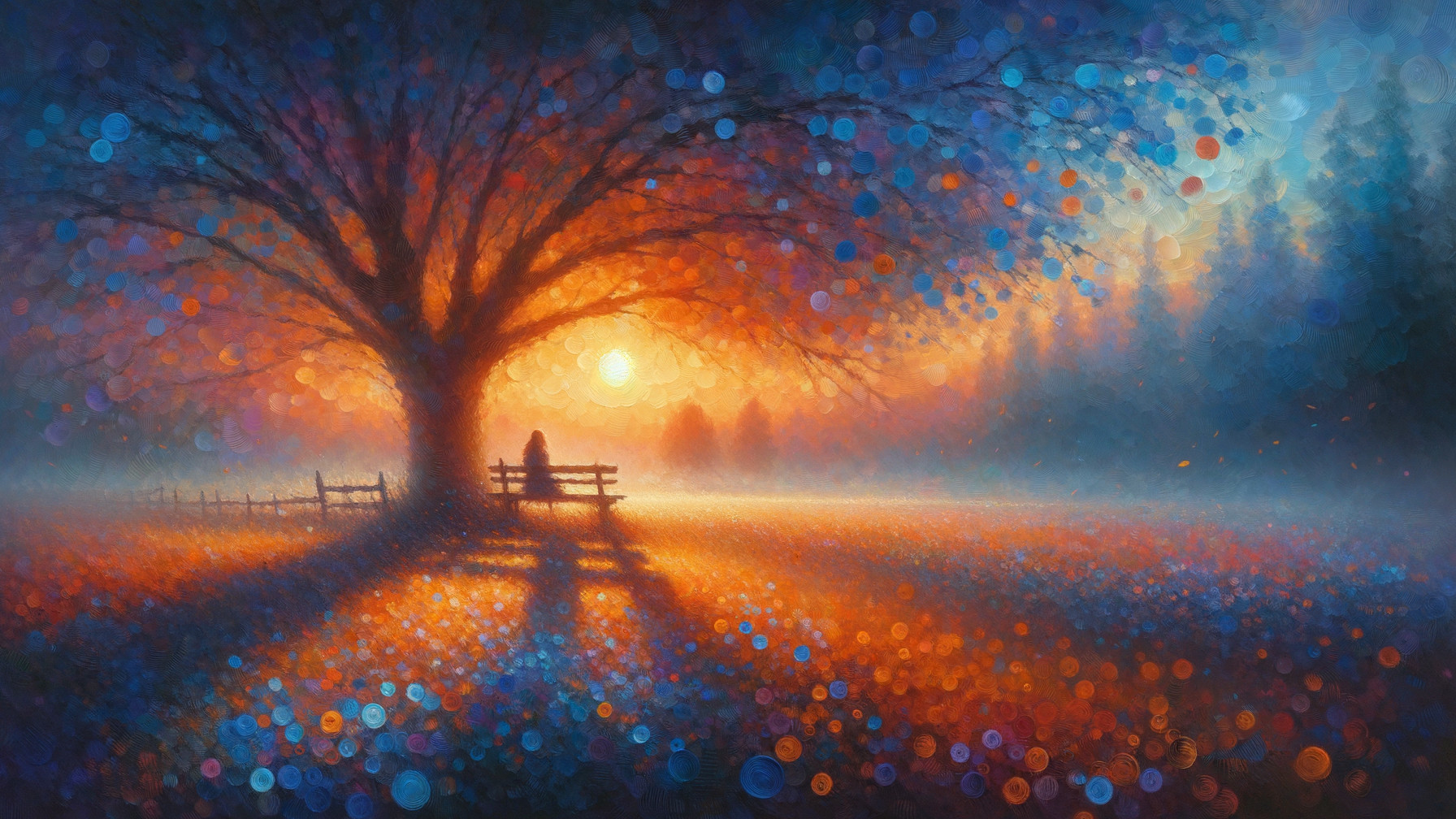 Vibrant sunset over serene landscape with silhouetted figure