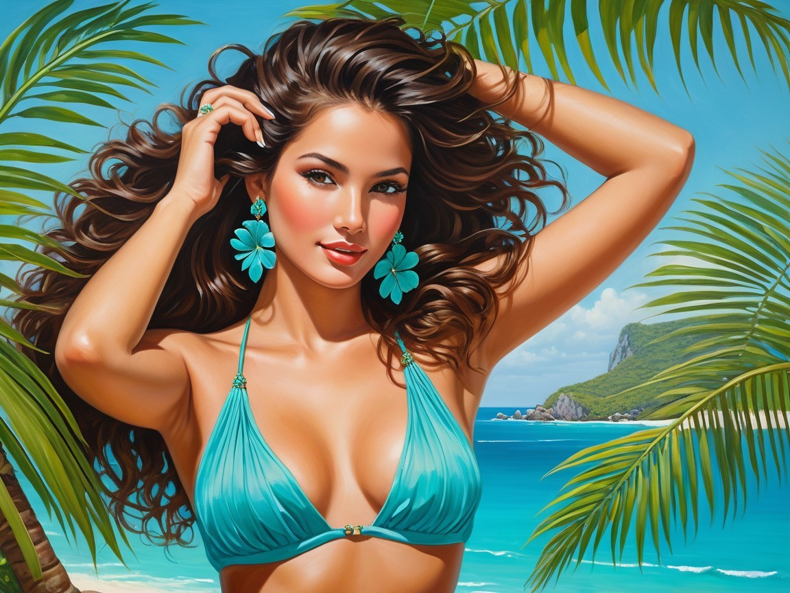 Young woman in turquoise bikini with tropical backdrop