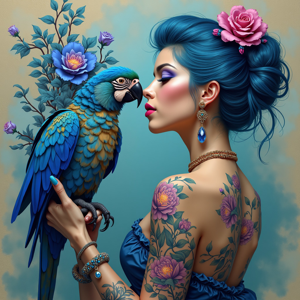 Portrait of a woman with blue hair and a parrot