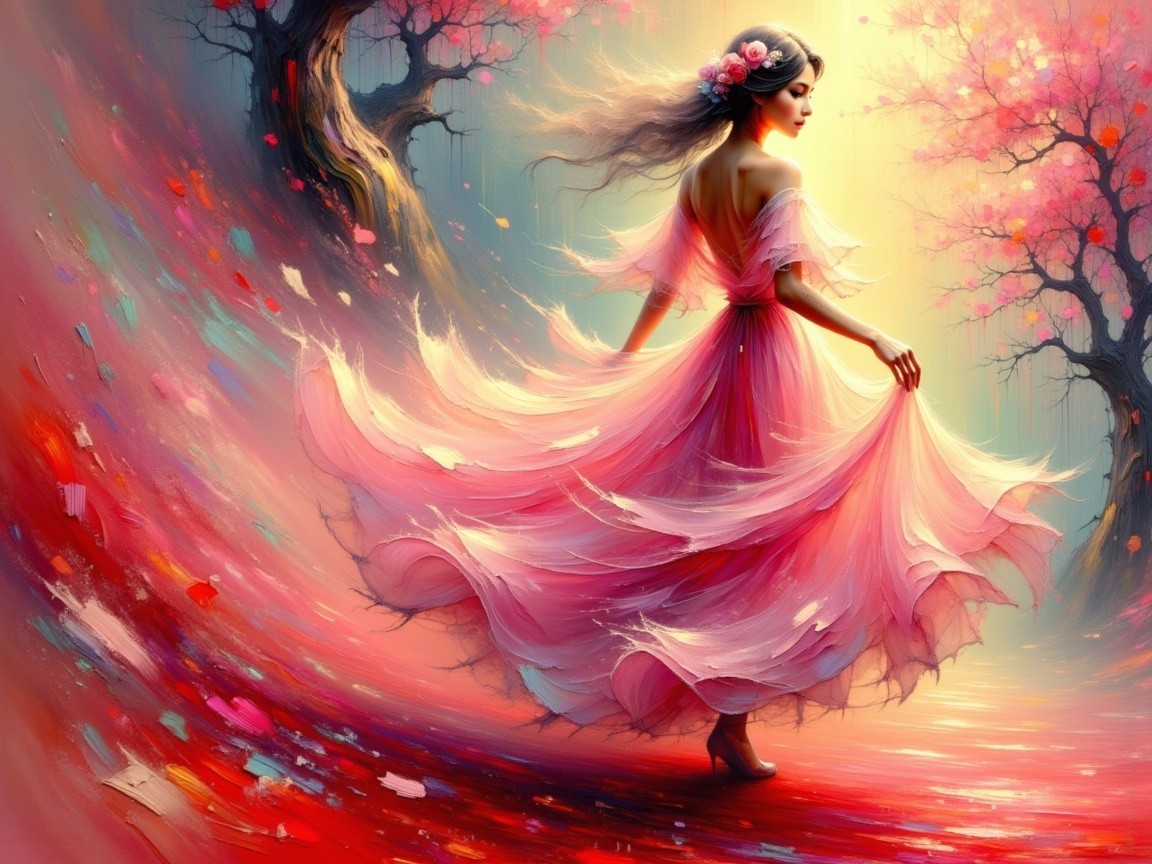 Young Woman Twirling in Pink Dress Among Blossoming Trees