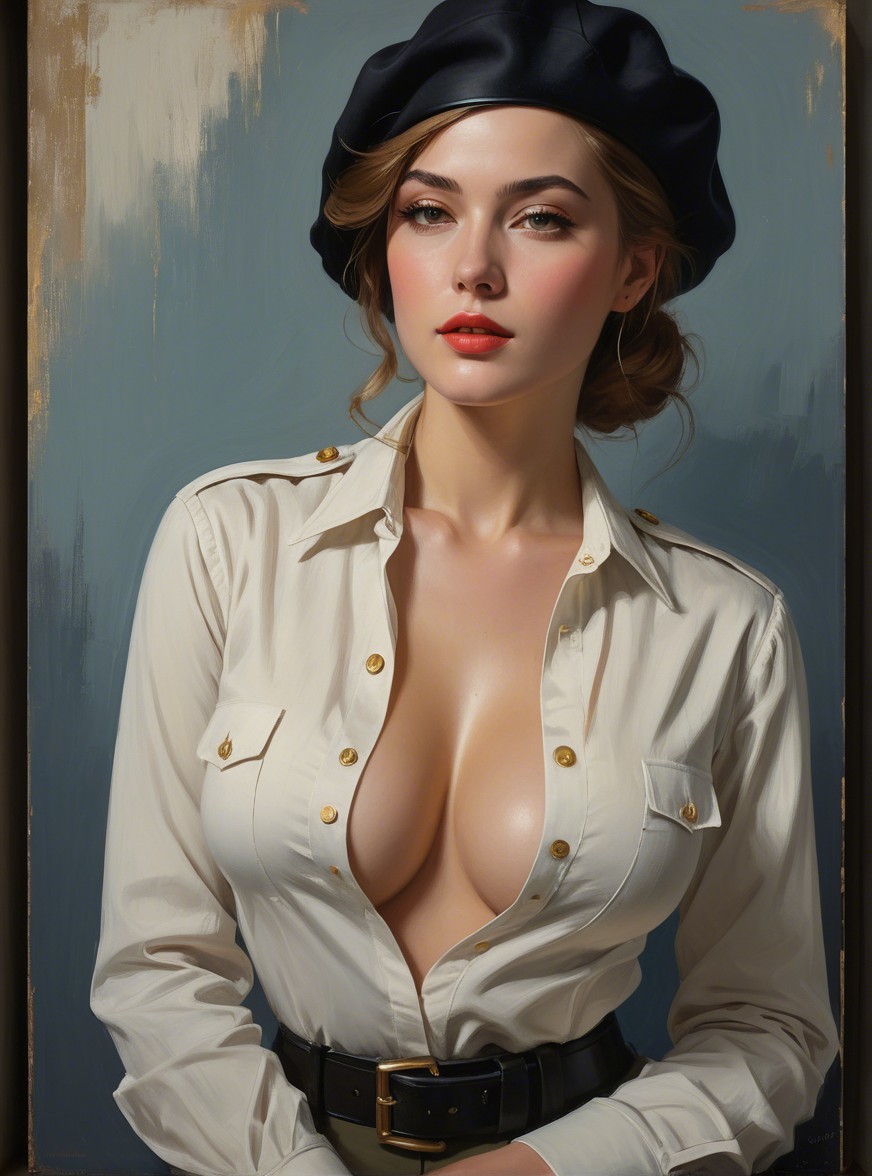 Woman in White Shirt and Black Beret with Elegant Style