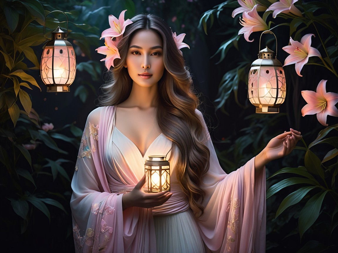 Ethereal Woman in Garden with Lantern and Lilies