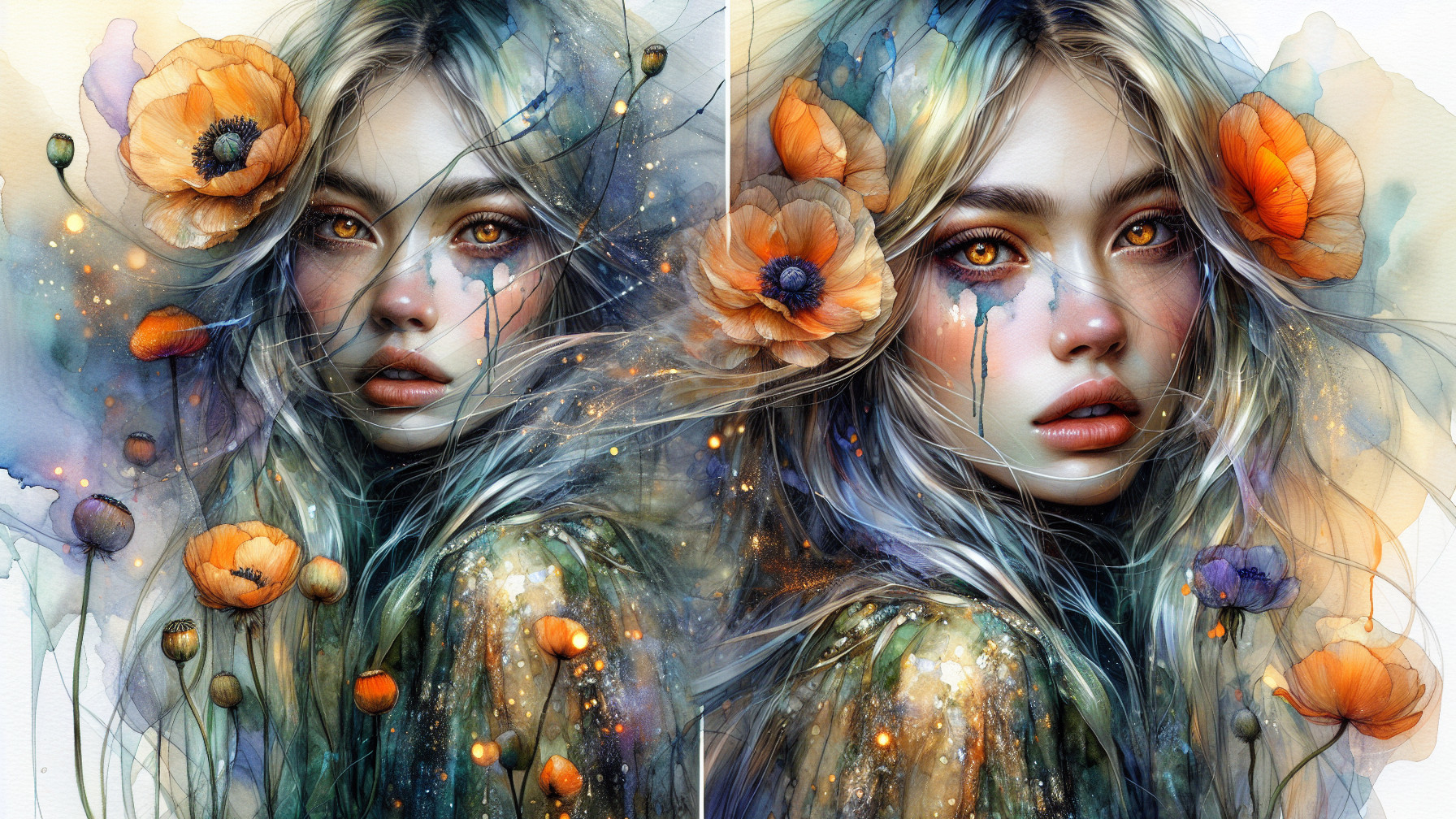 Portrait of a Young Woman with Vibrant Poppies