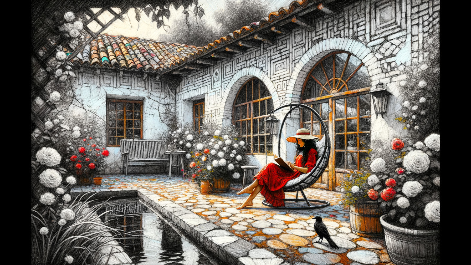 Serene courtyard with woman in red dress reading