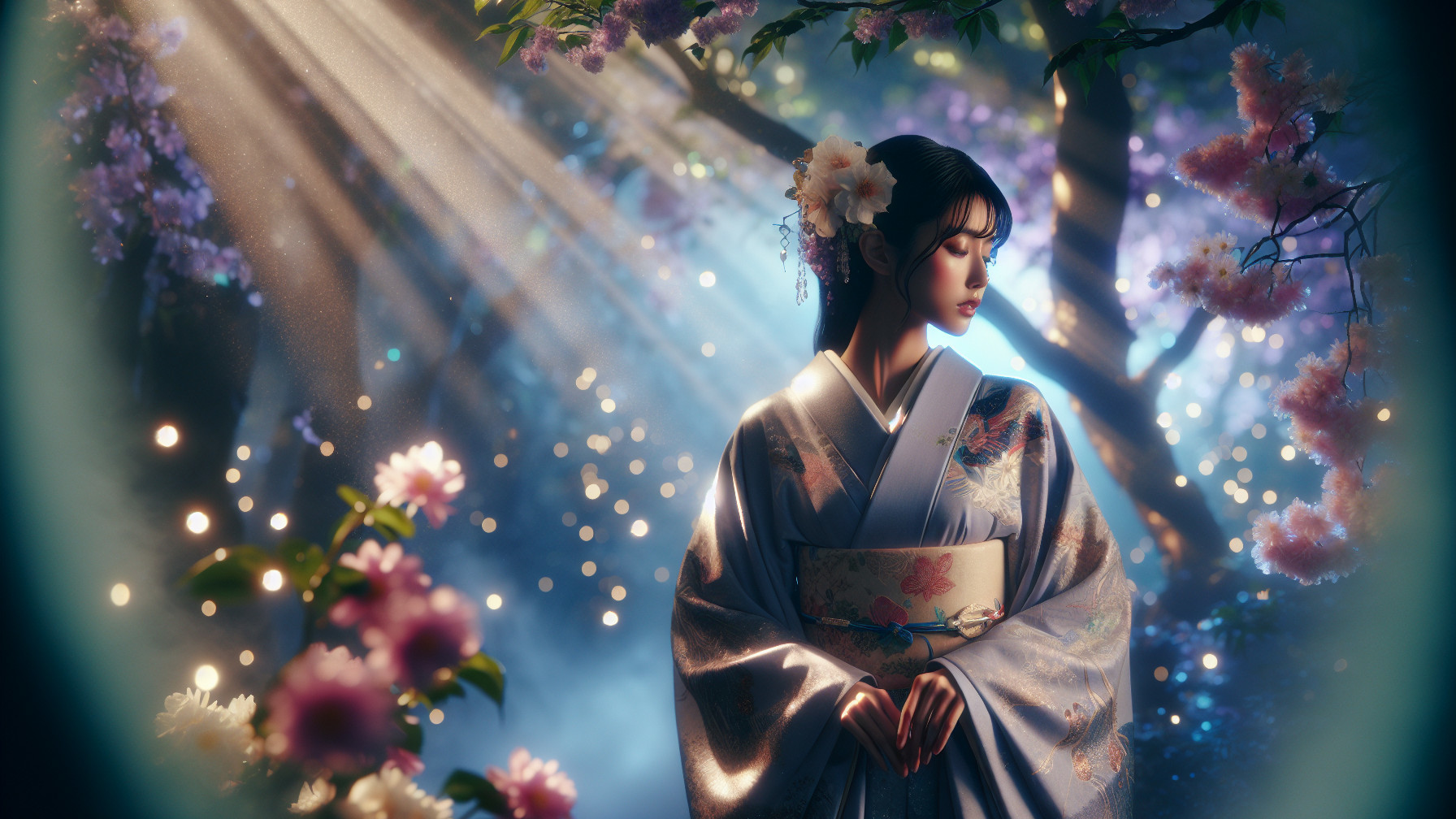 Serene figure in kimono among cherry blossoms and light