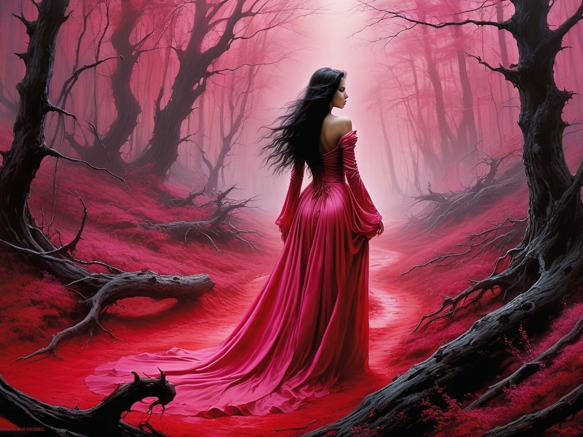 Mysterious Woman in Crimson Gown in Ethereal Forest
