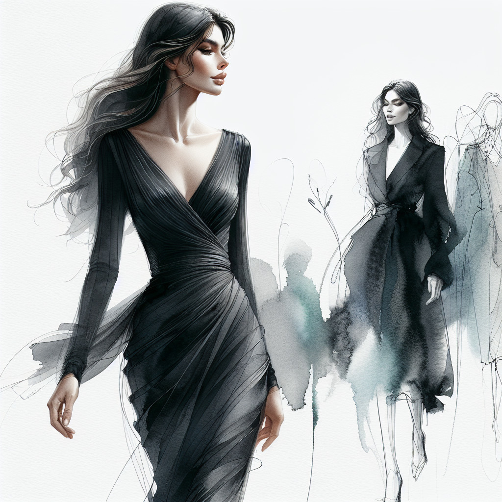 Elegant Fashion Illustration of a Woman in Black Gown