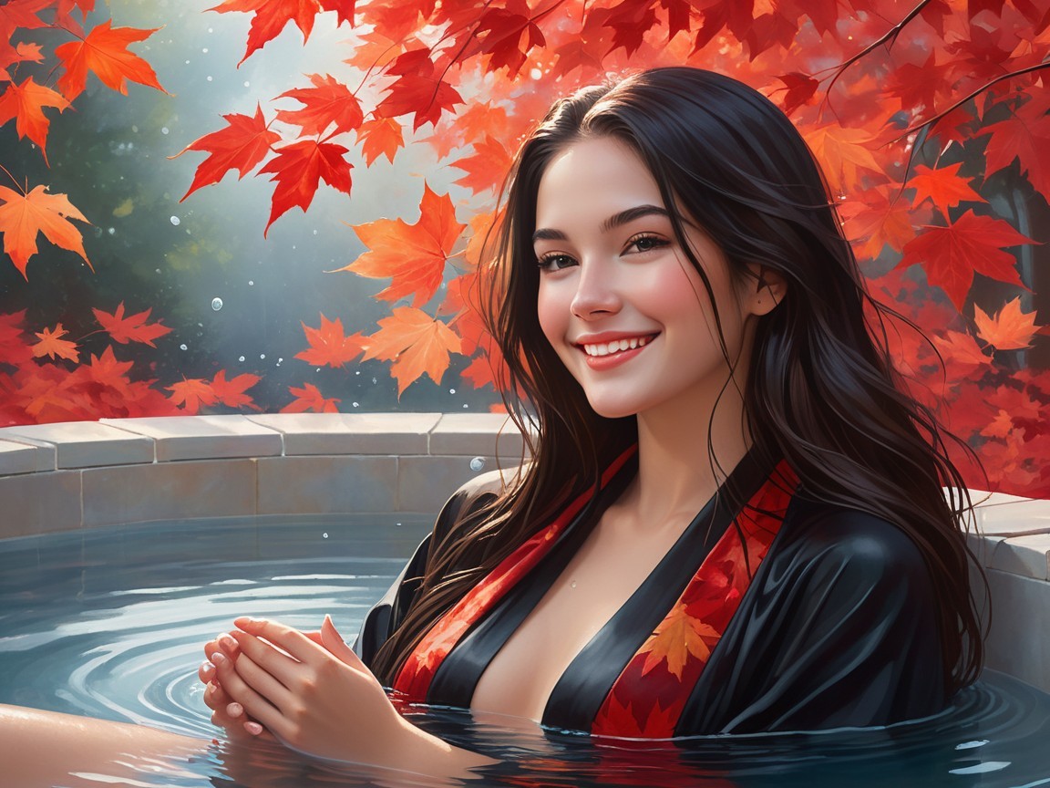 Young Woman in Black Robe Relaxing in Water Bath