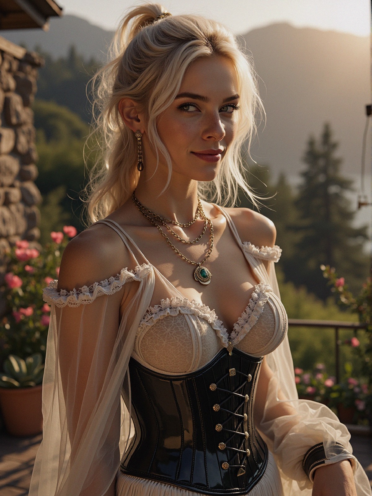 Woman in elegant corset with lace details outdoors