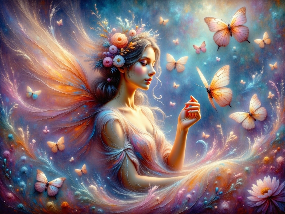 Serene fairy with flowers in a colorful nature scene