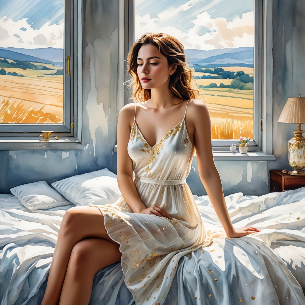 Woman in White Dress in Sunlit Bedroom with Landscape