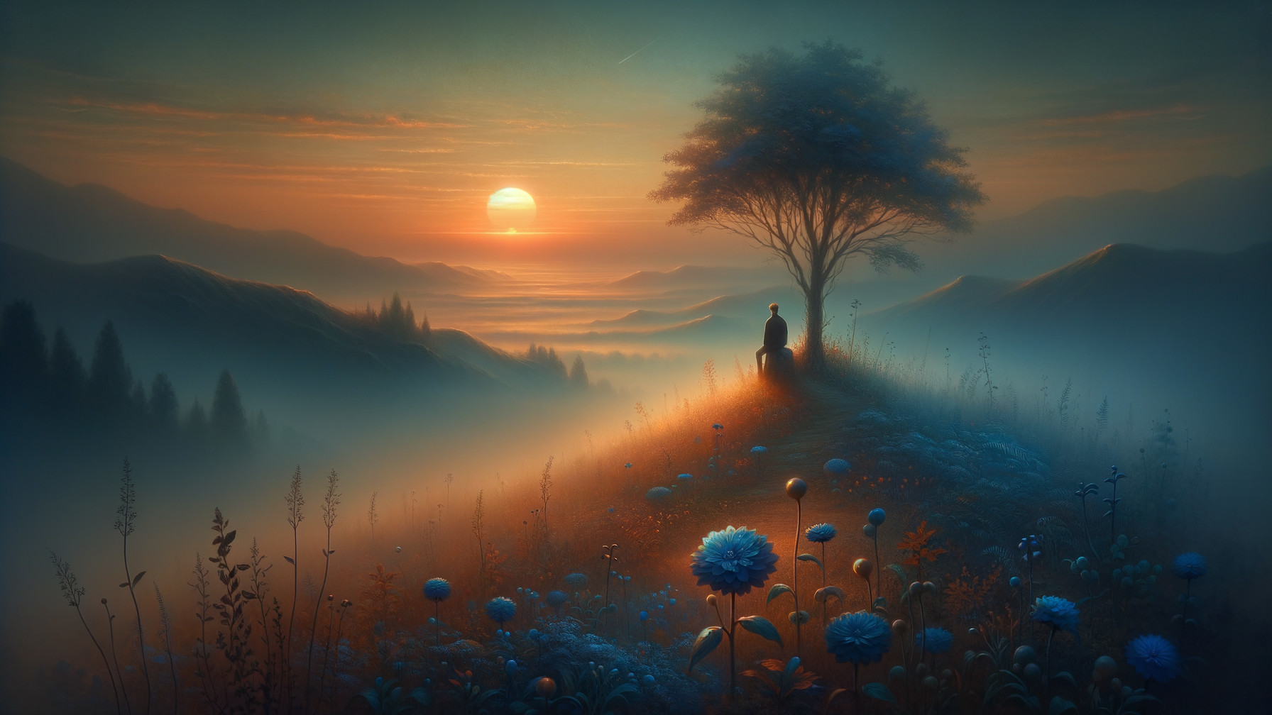 Serene Sunset Landscape with Rolling Hills and Mist