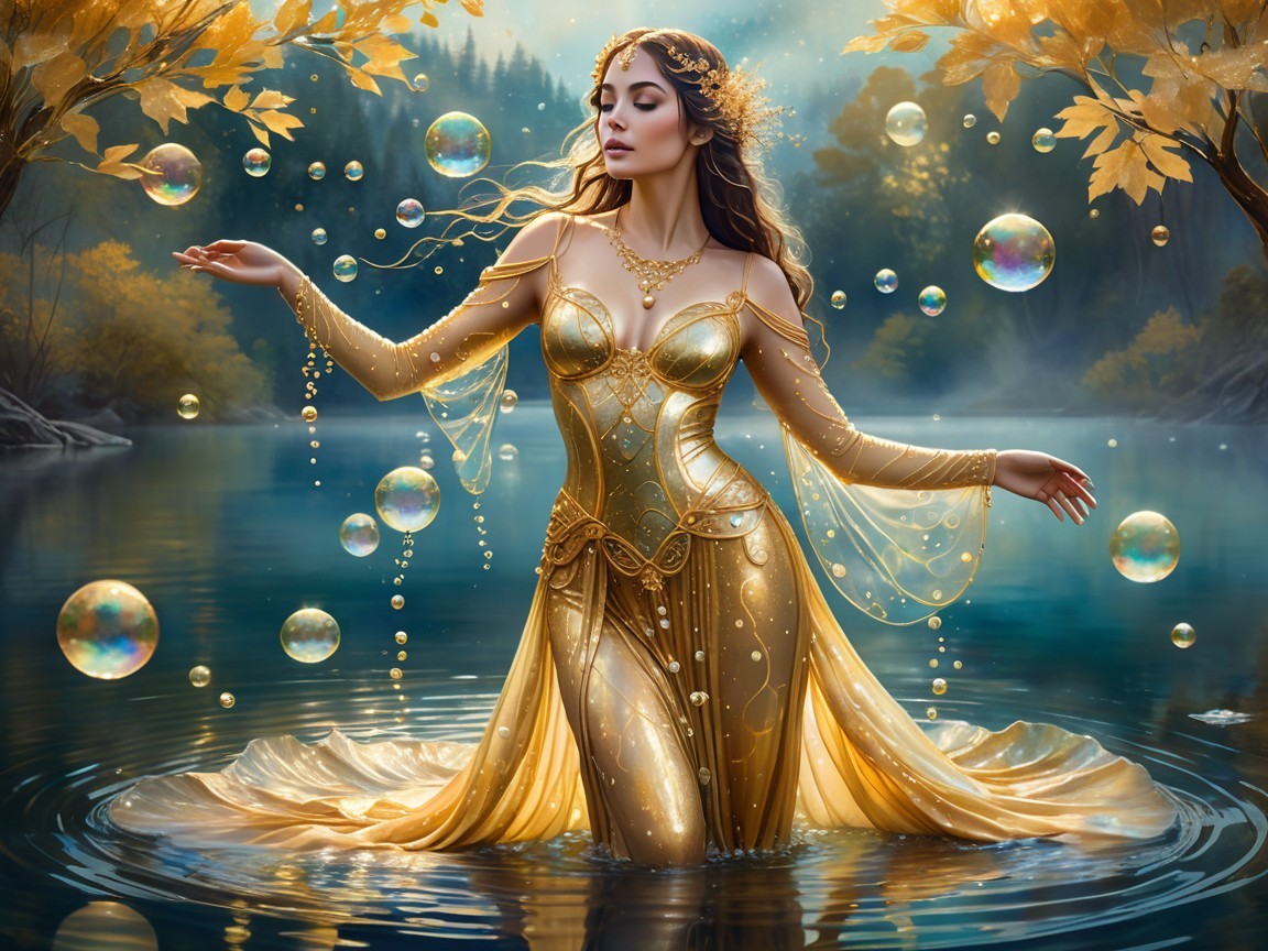 Elegant Figure in Gold Gown at Tranquil Lake
