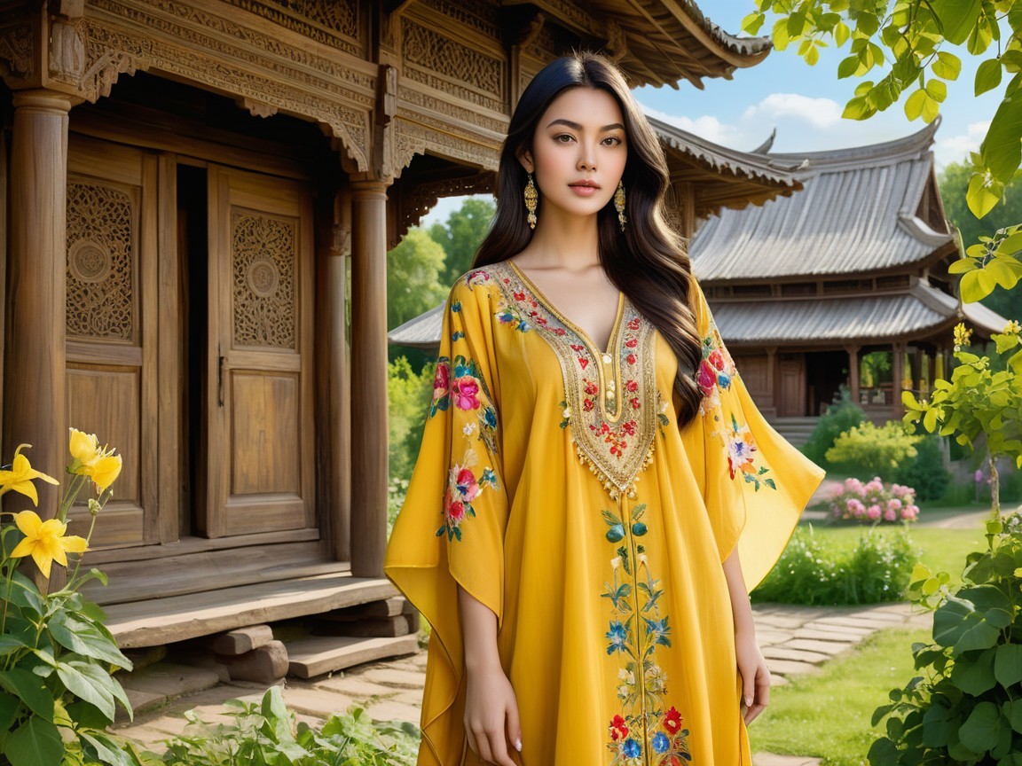 Young Woman in Yellow Garment by Wooden Structure