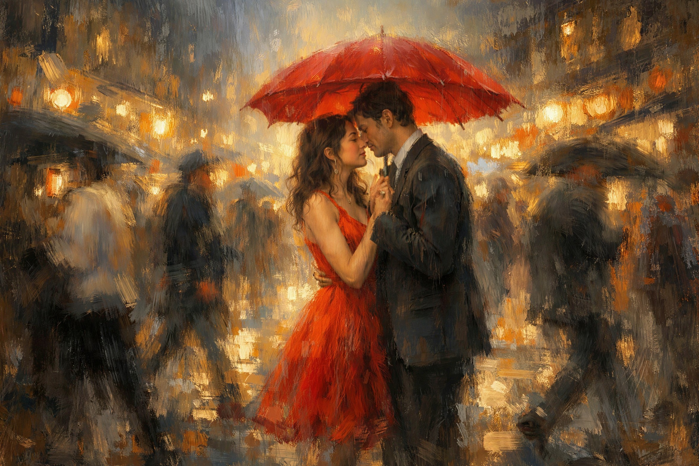 Couple Embracing Under Red Umbrella in Rain