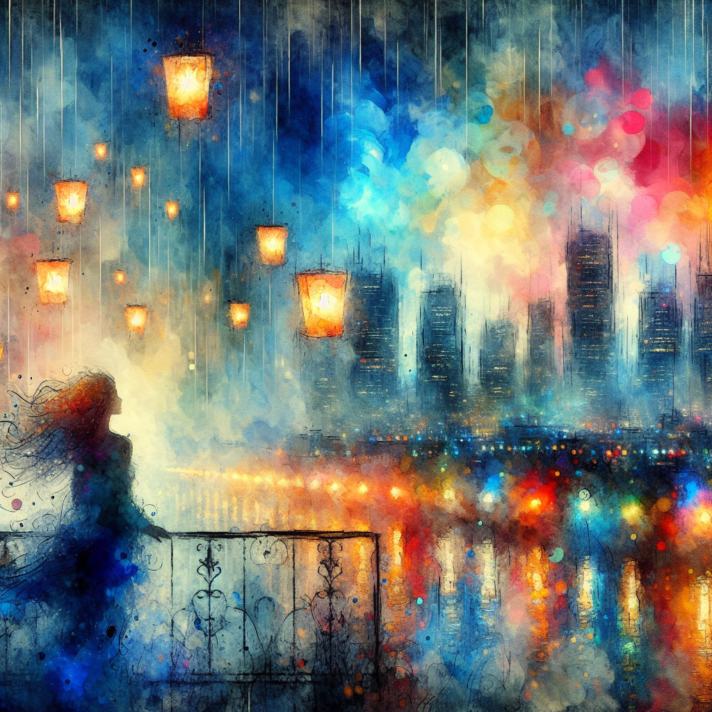 Dreamy Cityscape with Colorful Lanterns and Mist