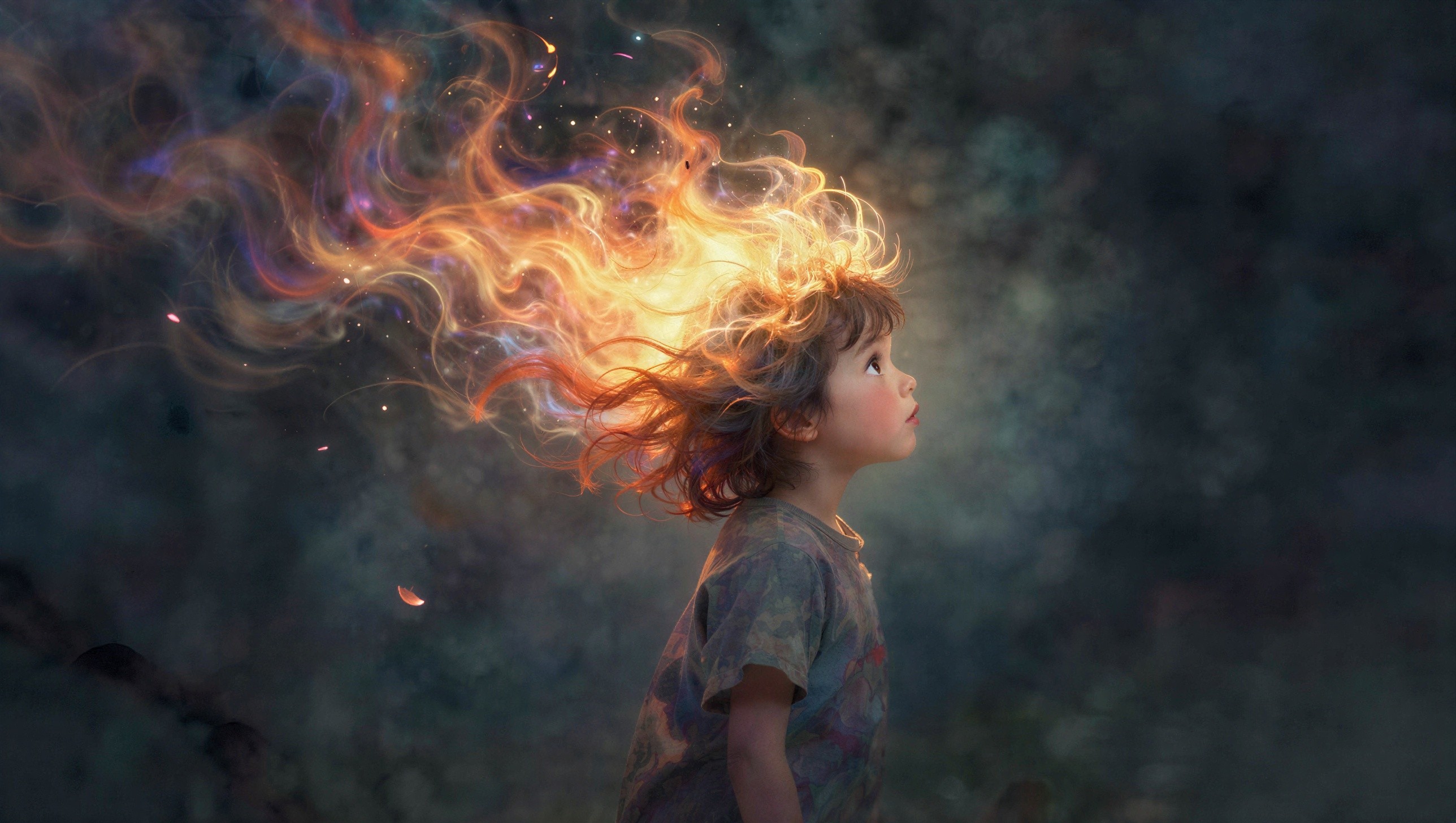 Child in Profile with Hair Transforming into Embers