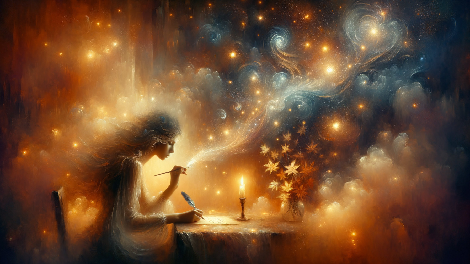 Serene Figure Writing by Candlelight in Cosmic Setting