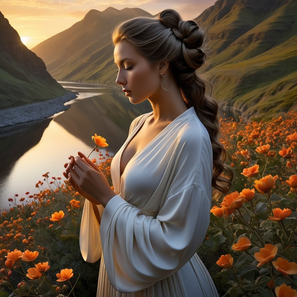 Serene Woman in White Gown Among Orange Flowers
