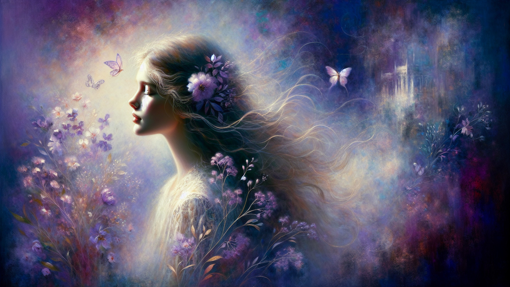 Serene woman with flowers in a dreamy landscape