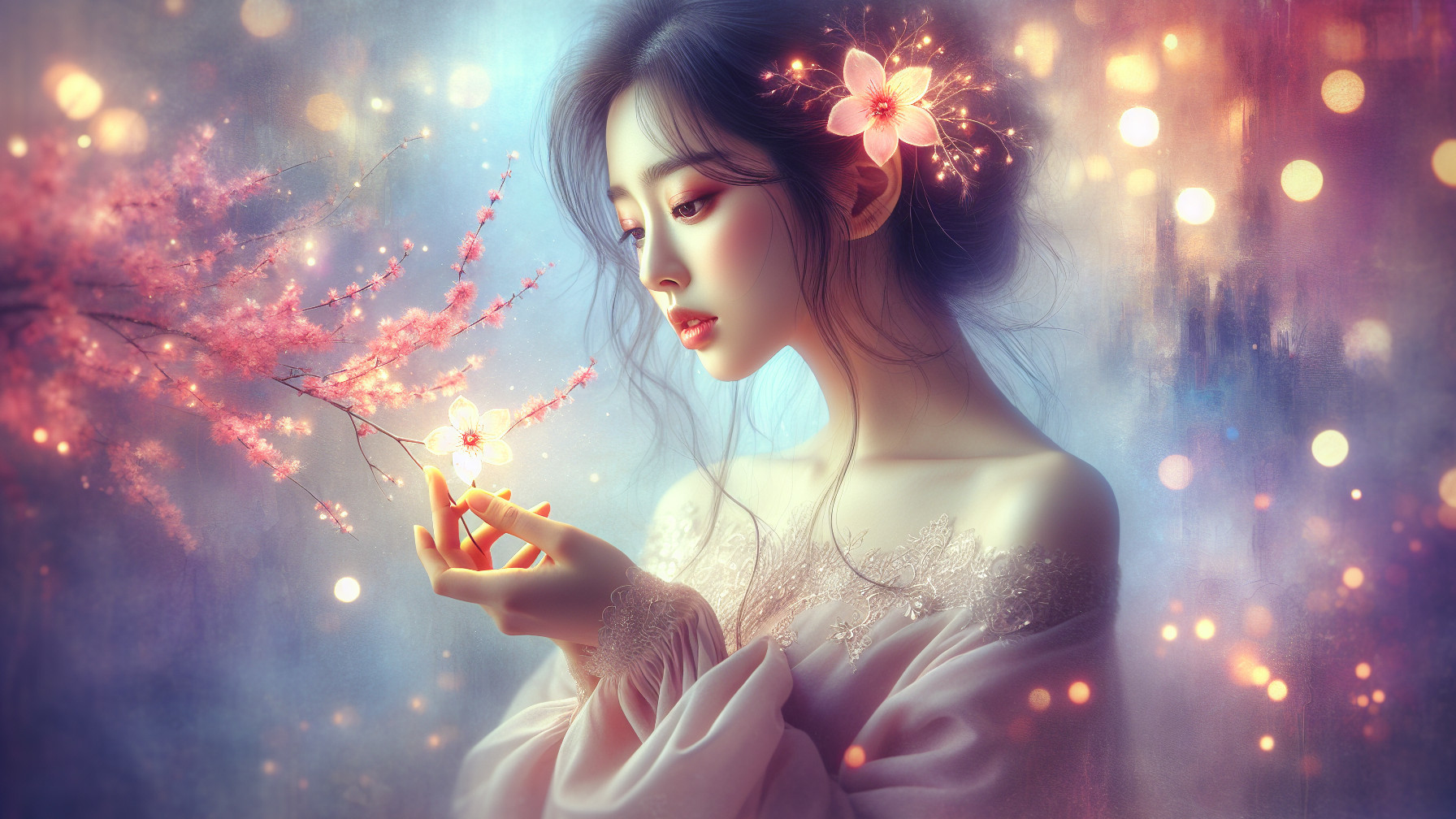 Serene Woman with Glowing Flower in Dreamlike Setting
