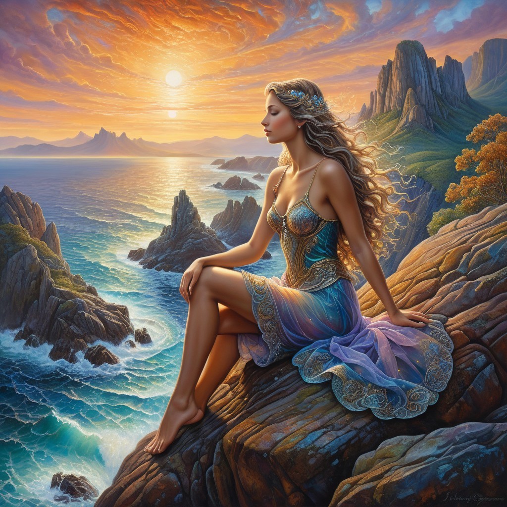 Woman in ornate dress by the sea at sunset
