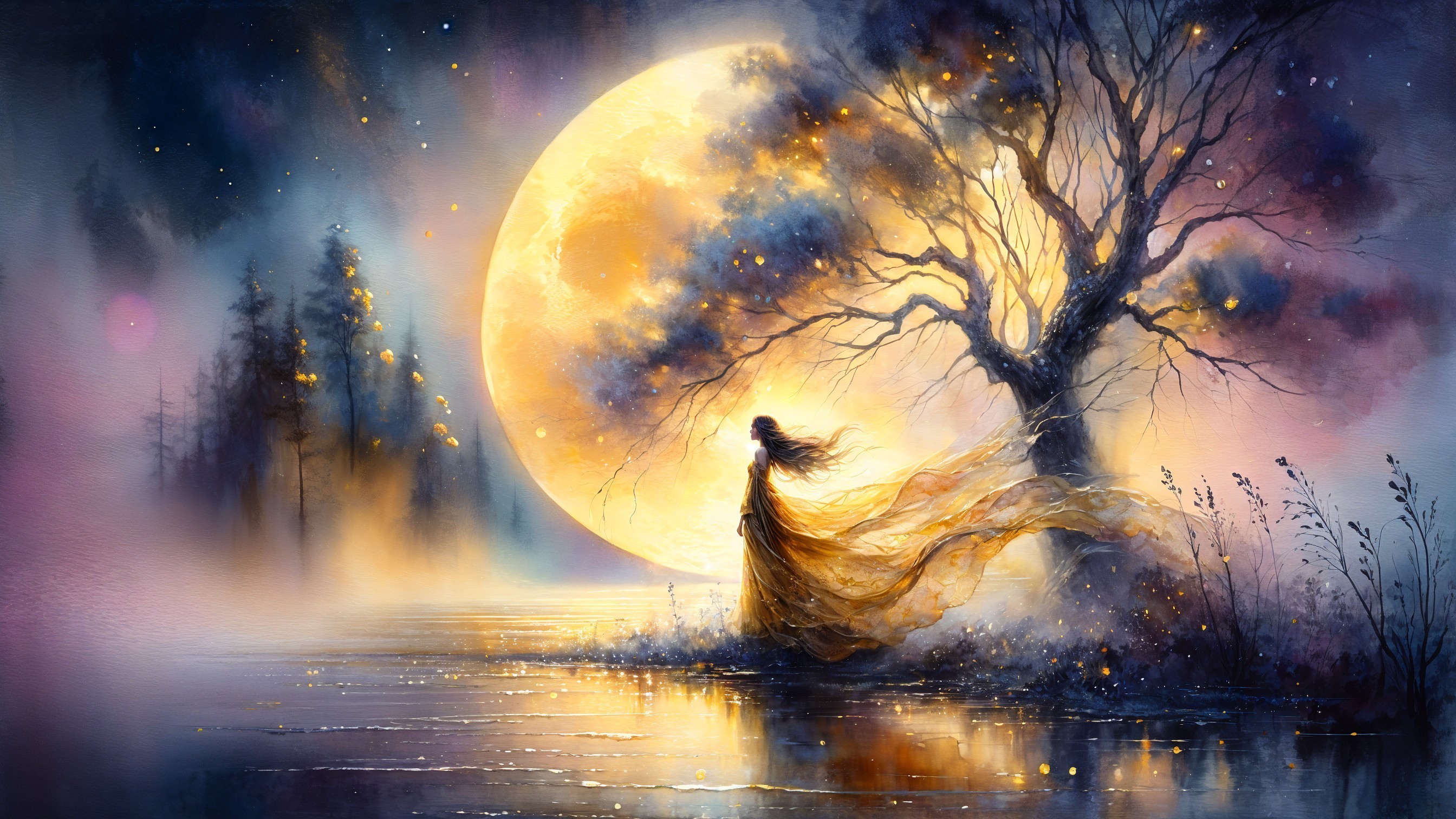 Moonlit Lake Scene with Ethereal Trees and Lights