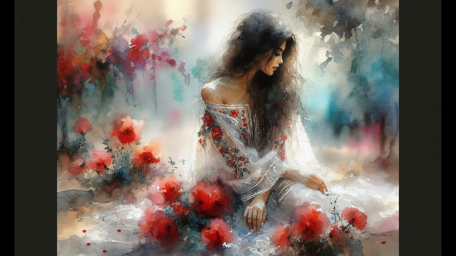 Watercolor Scene of Woman in White Dress with Flowers