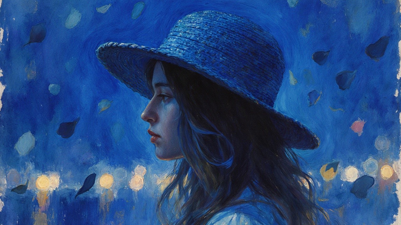 Young woman in blue hat with serene autumn backdrop