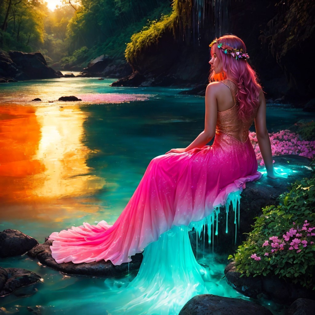 Mermaid by a Turquoise Stream at Sunset