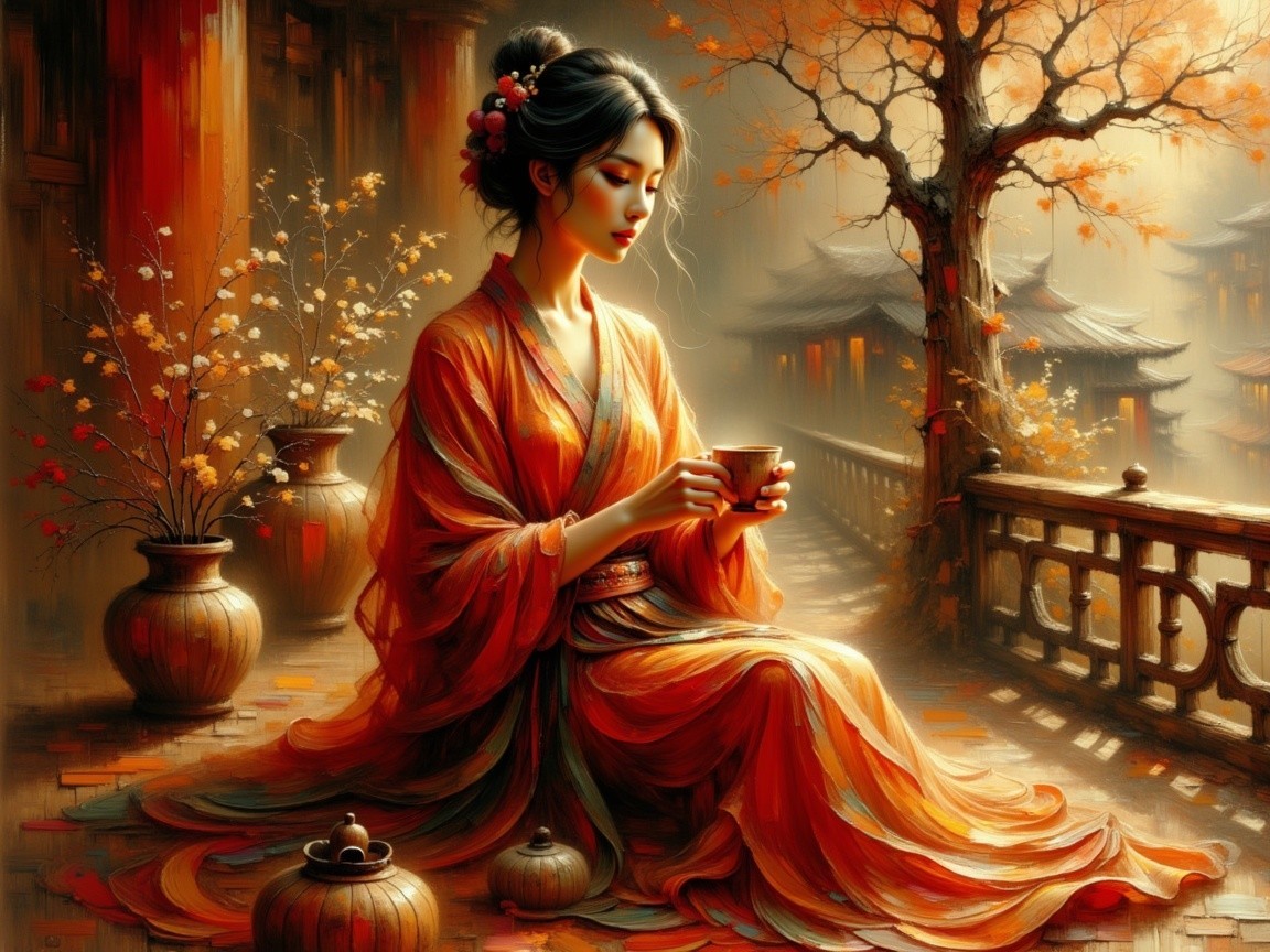 Serene Woman in Orange Kimono in Autumn Landscape