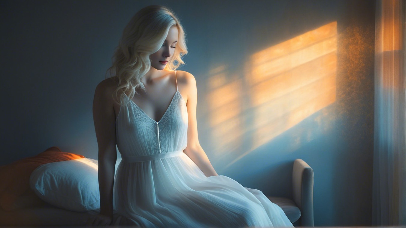 Serene Bedroom Scene with Woman in White Dress