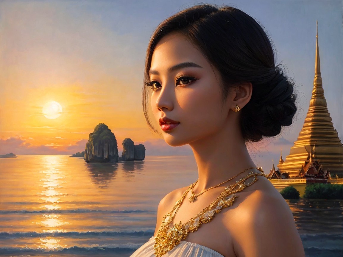 Young Woman in Profile Against Sunset Over Sea