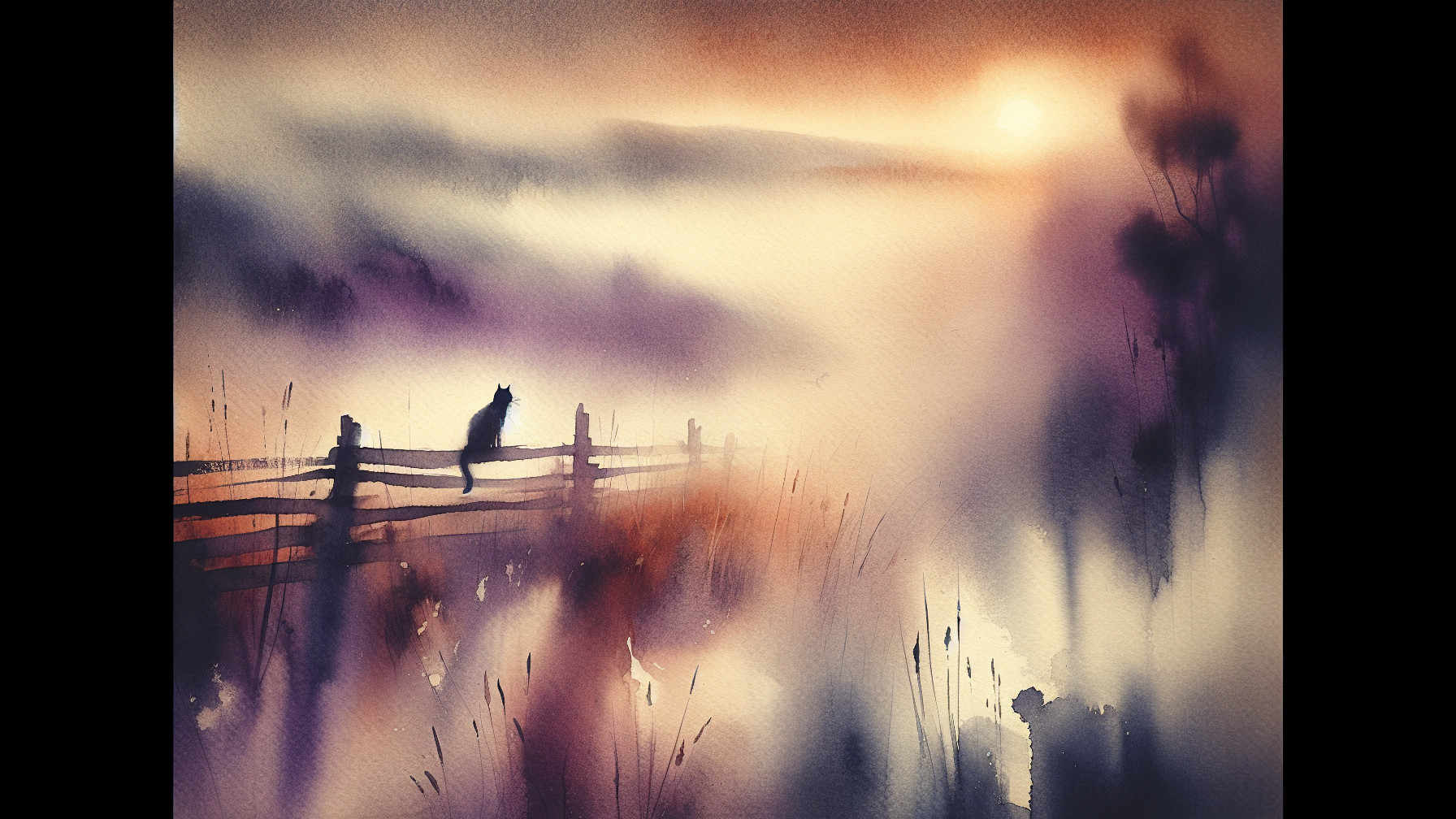 Watercolor Landscape at Sunrise with Cat on Fence