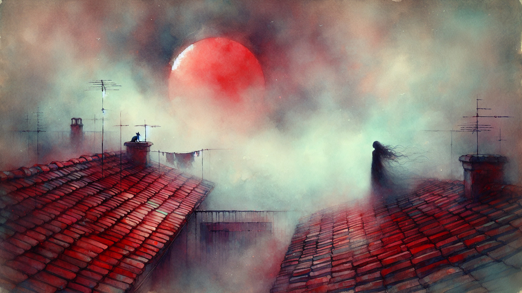 Surreal Landscape with Red Sun and Silhouetted Figures