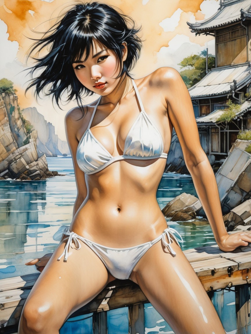Figure in White Bikini at Serene Waterfront Scene