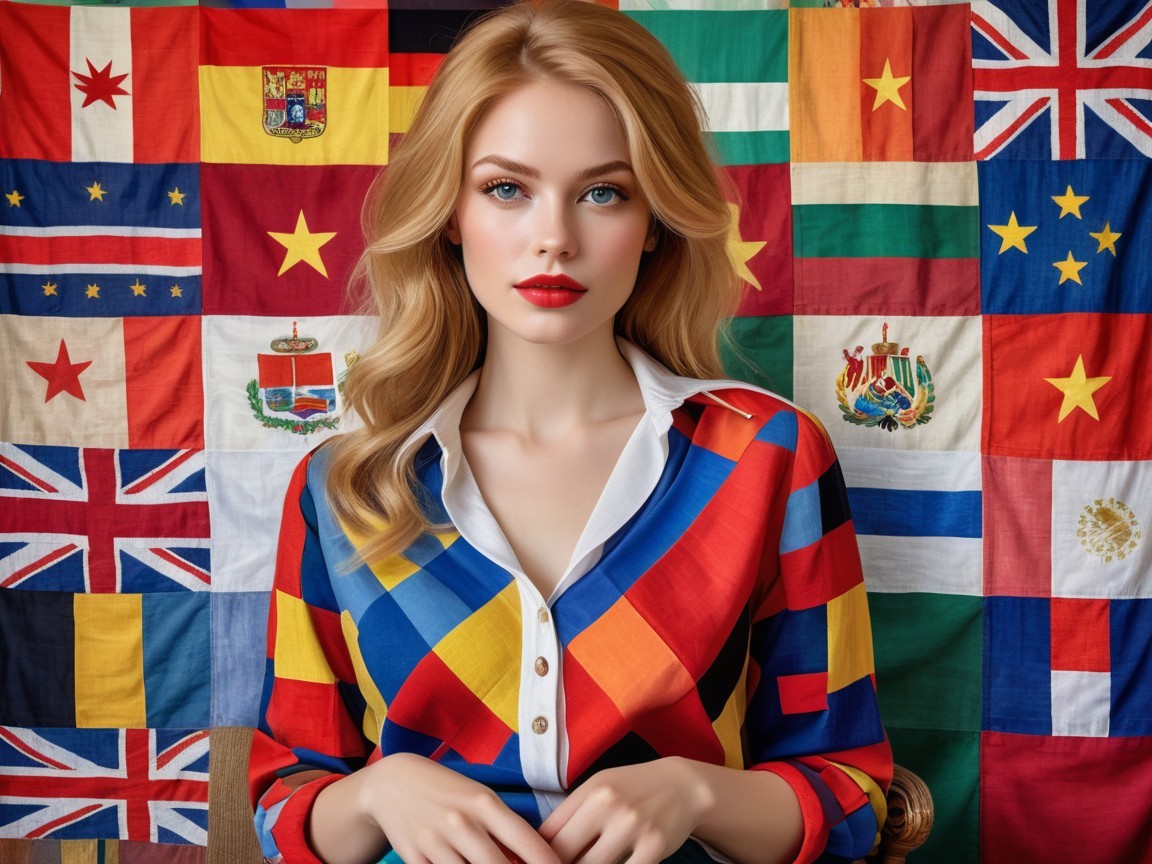 Young Woman in Colorful Shirt Against Flag Backdrop