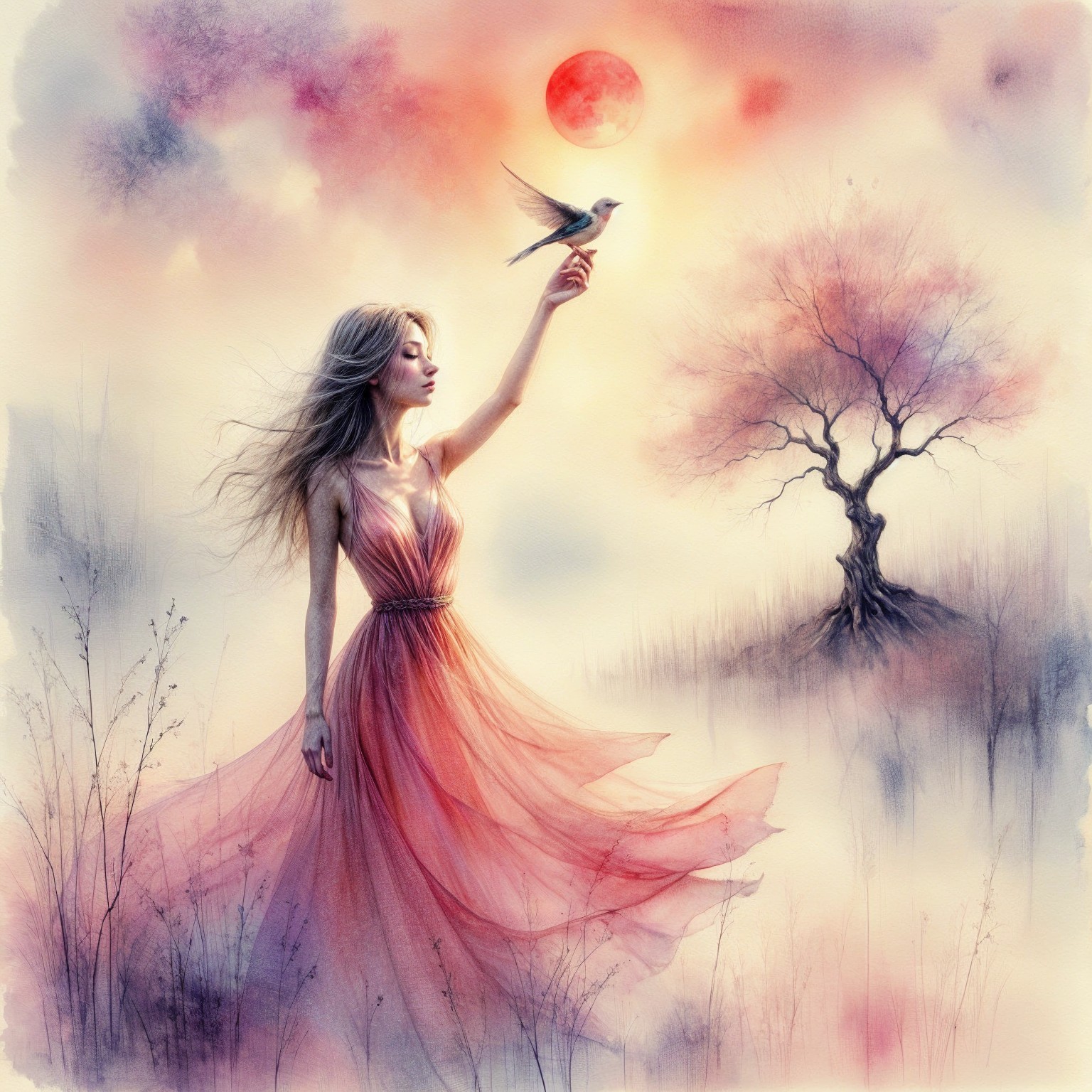 Ethereal Woman in Pink Dress with Bird and Moonlight