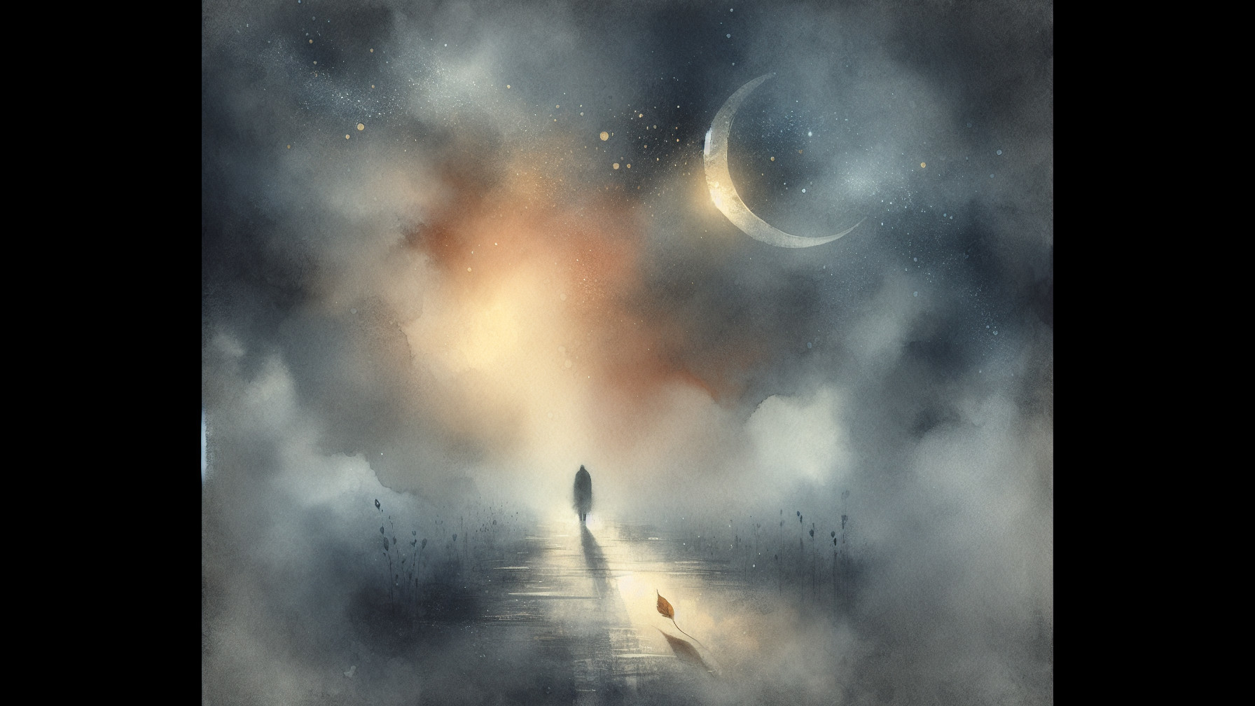 Figure Walking on Path Under Dramatic Sky