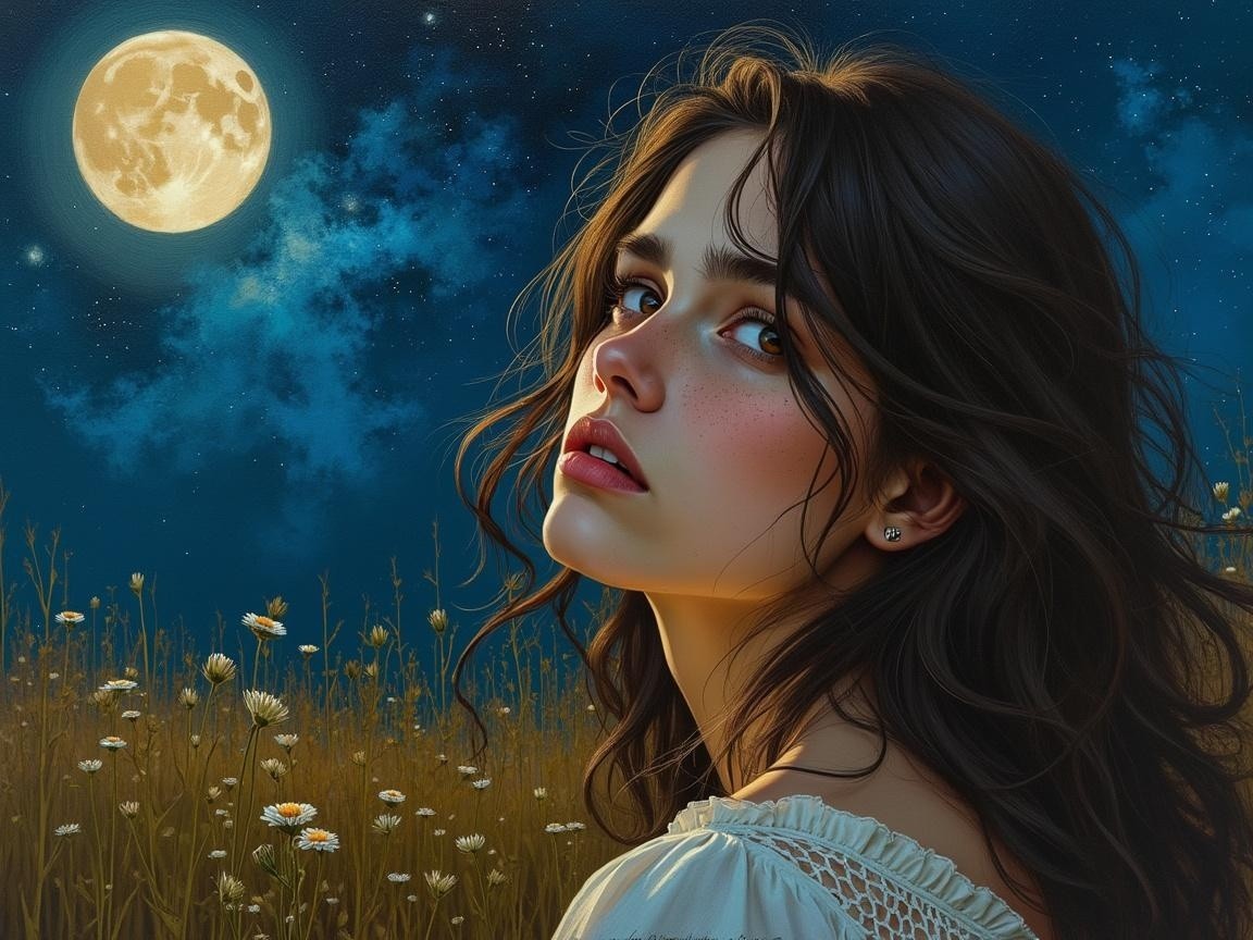 Young woman with expressive eyes under full moonlight