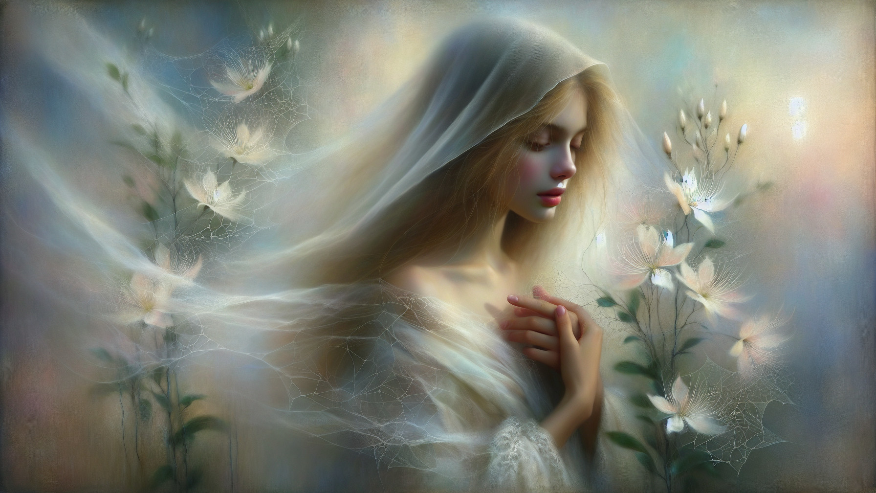 Ethereal figure surrounded by softly blooming flowers